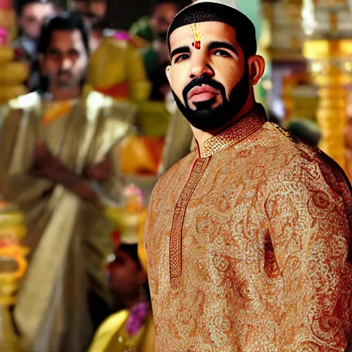 Prompt: drake the rapper wearing a silk kurta, bundi, hindu kovil scene, highly realistic