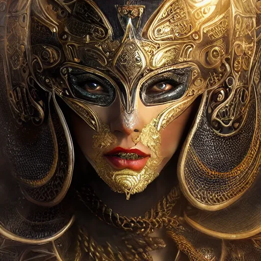 Image similar to Very very very very highly detailed epic photo of face with beautiful ornamental venetian mask, intricate, dystopian, sci-fi, extremely detailed, digital painting, artstation, concept art, smooth, sharp focus, illustration, intimidating lighting, incredible art by Artgerm and Vincent di Fate and Anton Pieck