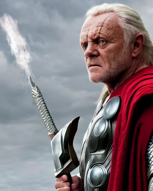 Image similar to Anthony Hopkins as Thor with hammer, in the movie Thor: Love and Thunder, cinematic drone photography