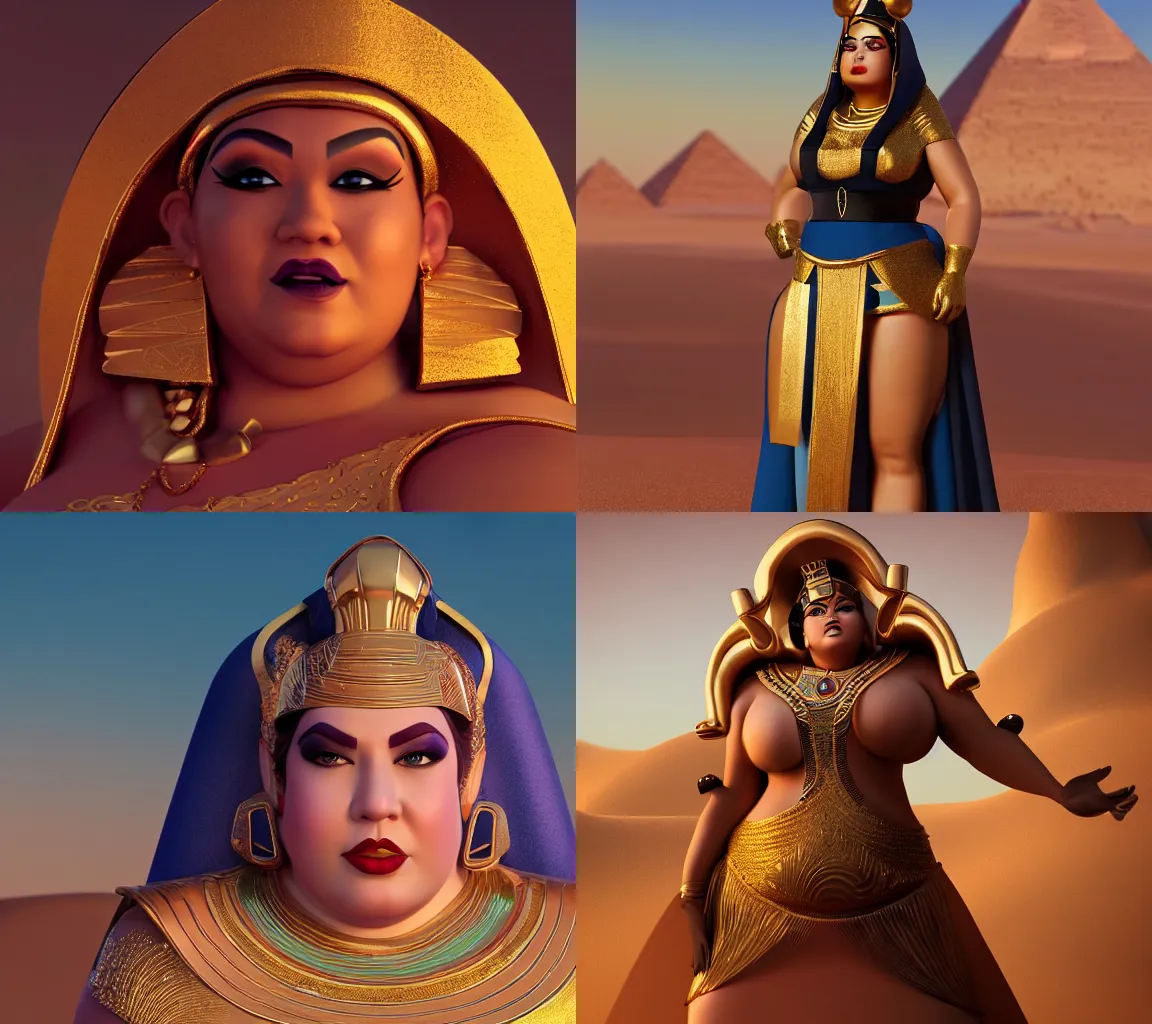 Prompt: hyperdetailed chubby female Disney villain, elegant egyptian priestess, arrogant look, beautiful 3D render, 8k, octane render, soft lighting, stylized, in the desert, golden hour