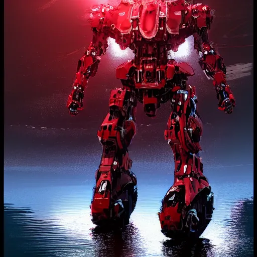 Image similar to bipedal mech standing in water red and white accents volumetric light intricate complex machine ultra detailed sharp focus coherent artstation