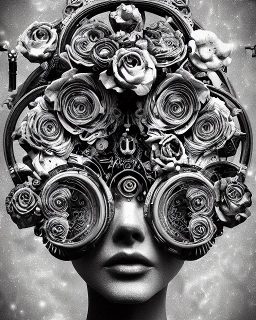 Image similar to mythical dreamy black and white organic bio-mechanical spinal ribbed profile face portrait detail of translucent steampunk beautiful siamese females angelic-human-queen-vegetal-cyborg, highly detailed, intricate trnaslucent ivy jelly ornate, poetic, translucent roses ornate, 3D render, digital art, octane render, 8K artistic photography, photo-realistic, by Dora Maar