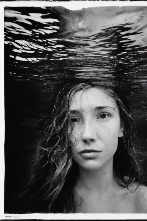 Image similar to film still, underwater view of young woman eyes, 35mm