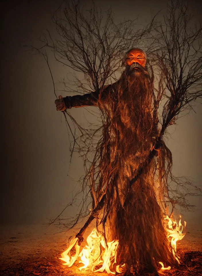Image similar to full body shot of old asian man with long beard, hanging from a tree, his head covered in roots, full face occult silver mask, bright multiple glowing eyes, holding a large carved wooden dark fractal stick, hanging upside down, thick smoke around him, in the burning soil desert, cinematic shot, wide angle, dark desert background, volumetric lighting by Denis Villeneuve, Lubezki, Gaspar Noe, Christopher Doyle and Alejandro Jodorowsky, anamorphic lens, anamorphic lens flares, kodakchrome, cinematic composition, practical effects, award winning photo, 8k