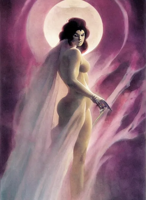 Prompt: portrait of plump sorceress of the moon, pink robe and veil, lightning halo, strong line, muted color, beautiful! coherent! by frank frazetta, by boris vallejo