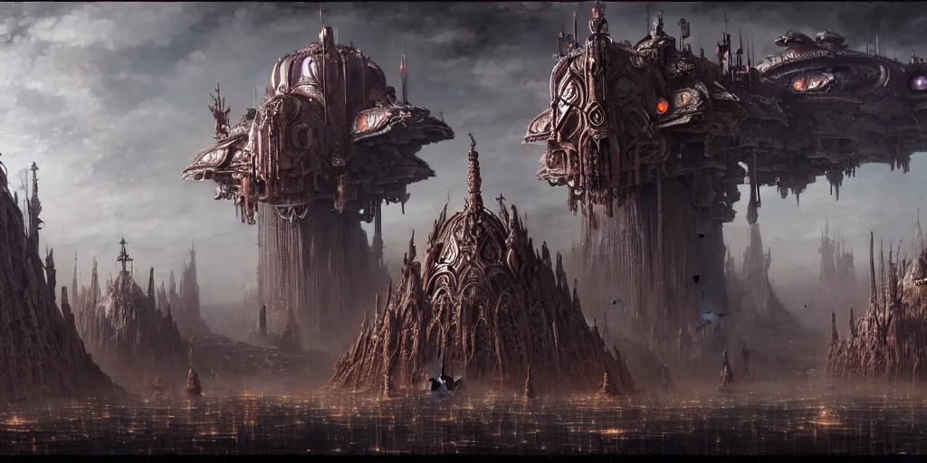 Prompt: a beautiful and insanely detailed matte painting of an advanced sprawling futuristic warrior civilization with surreal architecture designed by akihiko yoshida!, whimsical!!, epic scale, intricate details, sense of awe, warhammer 4 0. 0 0 0, elite, fantasy realism, complex layered composition!!