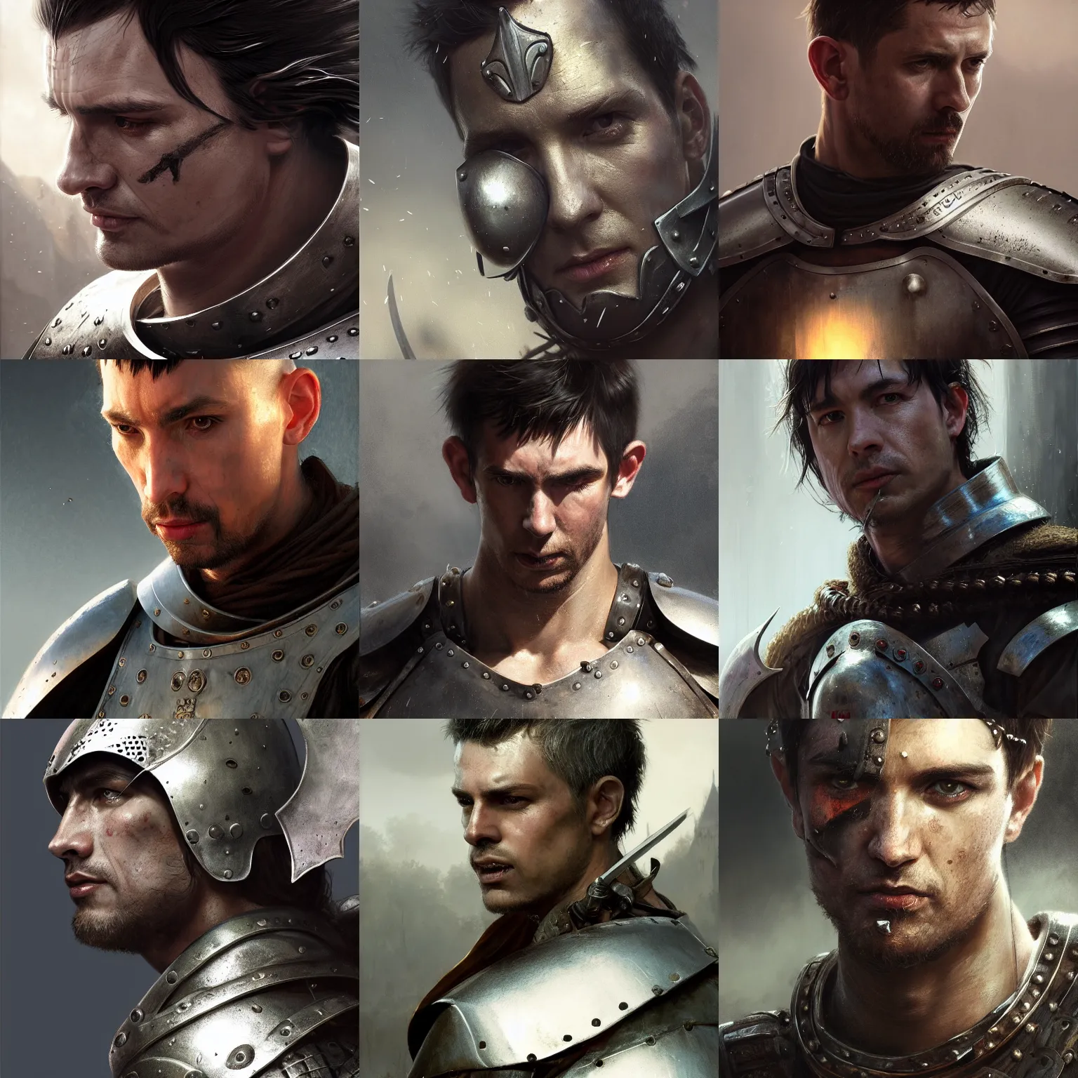 Prompt: medium close up of male medieval warrior with silver cuirass, short dark hair, dirty face, realistic cinematic lighting, fantasy, photorealistic, reflections, greg rutkowski, wlop, raymond swanland, yuumei, artgerm, tom bagshaw, wadim kashin, andrei markin, pixiv, artstation