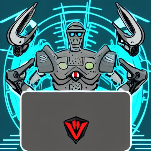 Prompt: cybernetic viking in front of computer, logo, vector art, cartoon illustration