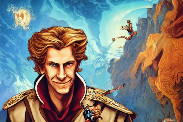 Prompt: guybrush threepwood in King’s Quest IV, Erana’s Peace, a sense of mystery, cinematic, ultra detailed, intricate, sharp focus, trending on artstation, 8K, comic artwork cover by James Jean