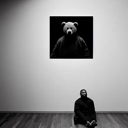 Image similar to a ( ( ( ( ( ( ( ( ( chiaroscuro lighting portrait ) ) ) ) ) ) ) ) ) ) of kanye west dressed as teddy bear mascot, black background, portrait by julia margaret cameron, shallow depth of field, 8 0 mm, f 1. 8