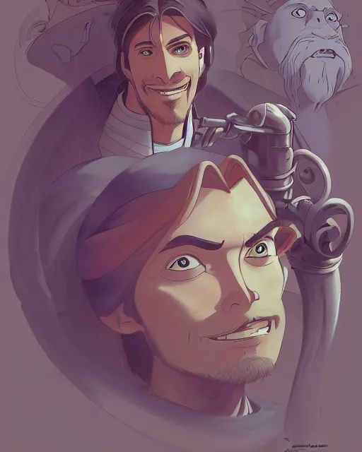 Image similar to portrait of a spanish conquistador, by daniel zrom and disney concept artists and masamune shirow and josan gonzales and studio ghibli, treasure planet movie still, treasure planet movie color scheme, symmetric, handsome