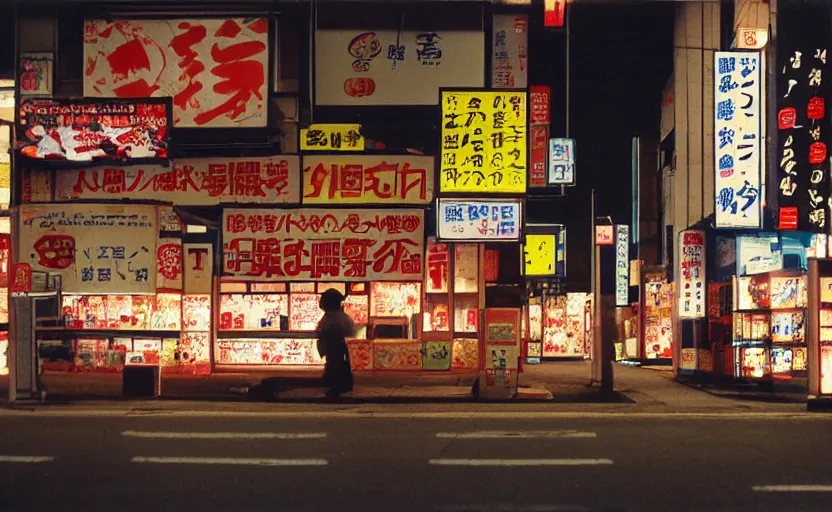 Prompt: japanese convenient store after midnight, 1 9 9 0 s, empty, television screens with static noise, bright fluorescent light