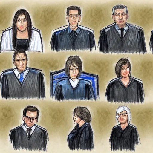 Prompt: courtroom sketch, defendant and lawyer portraits