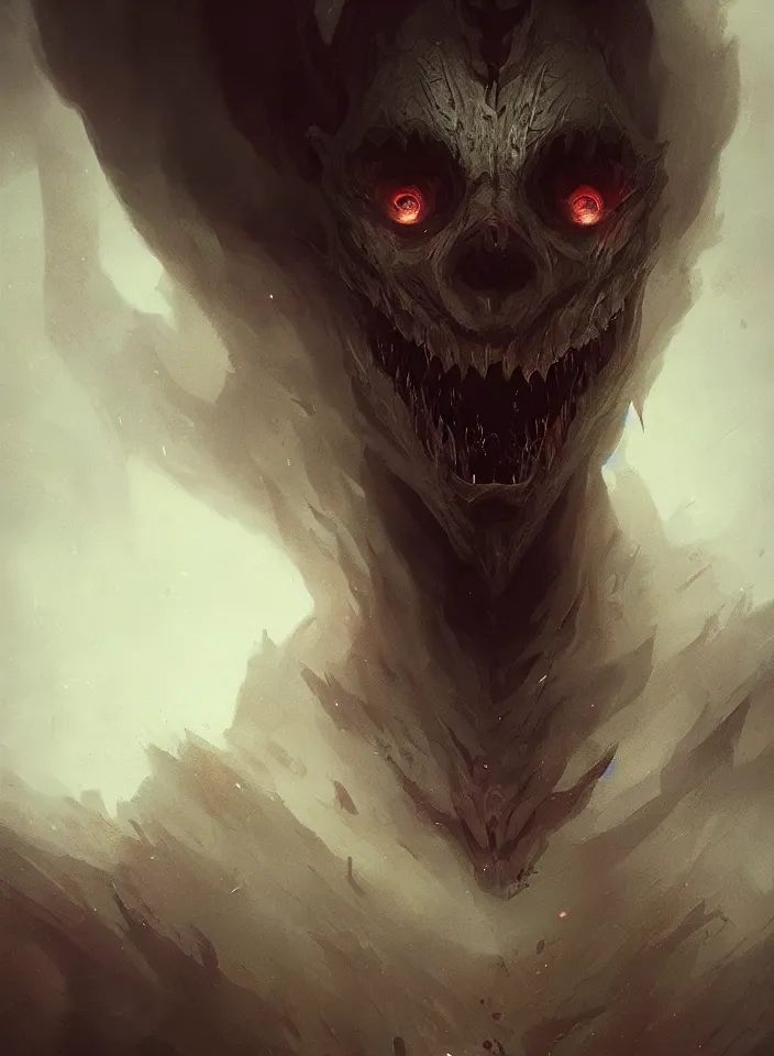 Image similar to a close portrait of a creature invoking fear, art by greg rutkowski, horror setting, dark lighting, matte painting, trending on artstation, very detailed