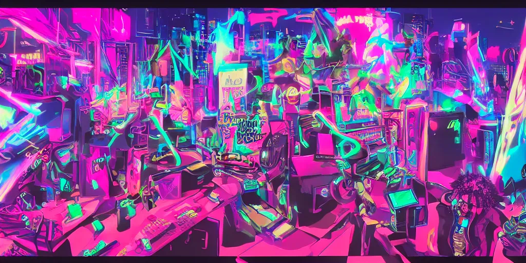 Image similar to multicultural rap show with vaporwave light show, digital art, hip hop, tron, trending on Artstation, professional artist, detailed, 4k