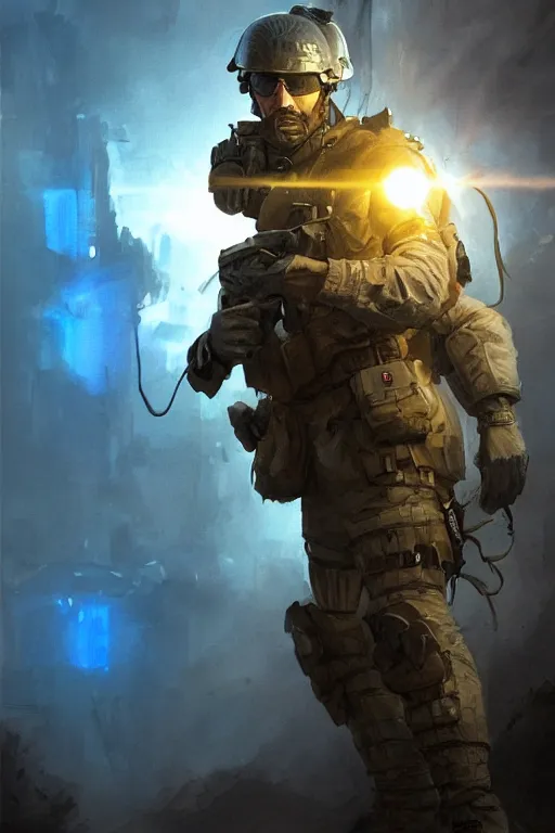 Image similar to a cinematic shot of a special forces unit with blue and yellow flag and standing ready to fight, masculine figure, d & d, fantasy, bright atmosphere, volumetric lights, intricate, elegant, extremely detailed, digital painting, artstation, concept art, matte, smooth, sharp focus, hyper realistic, illustration, art by artgerm and greg rutkowski and alphonse mucha