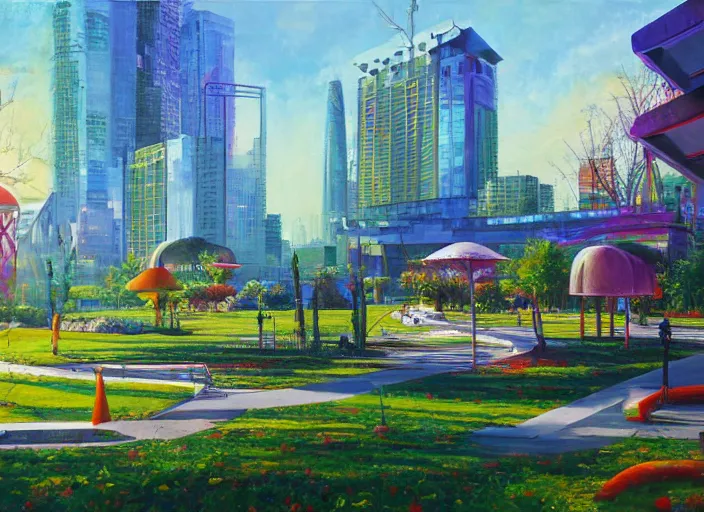 Image similar to bright beautiful oil painting of a futuristic city park by Viktor Tsvetkov