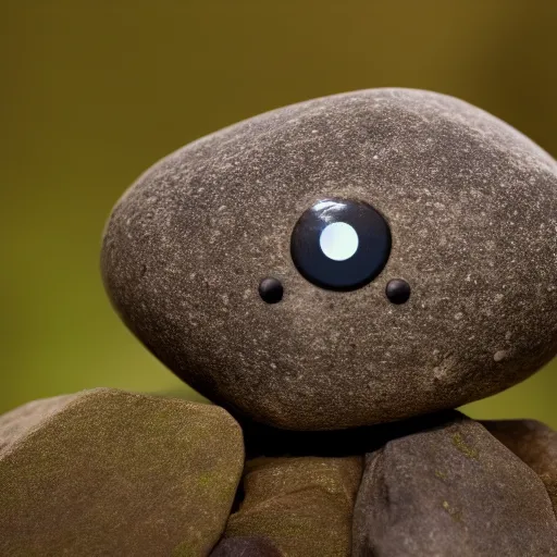 Prompt: a small rock with 2 wobbly eyes, stone, two round goggle eyes, focus, image of object