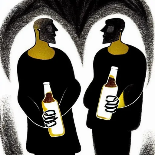 Image similar to two beautiful chad men drinking beers ((hearts)), friendship, love, sadness, dark ambiance, concept by Godfrey Blow, featured on deviantart, drawing, sots art, lyco art, artwork, photoillustration, poster art