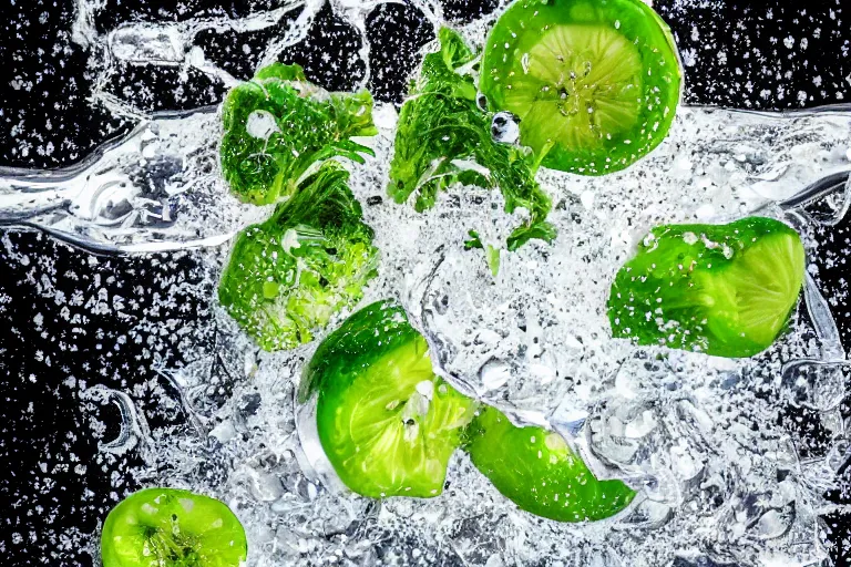 Prompt: a Photorealistic hyperrealistic close up high speed render of a bunch of fresh vegetables dropped into a glass full of water creating a splash, beautiful highly detailed droplets, reflections and refractions, dark studio backdrop, Beautiful studio lighting, Nikon Z7, ISO 400, Sigma 85mm f1.4 DG DN, aperture f/11, exposure 1/200, studio lights