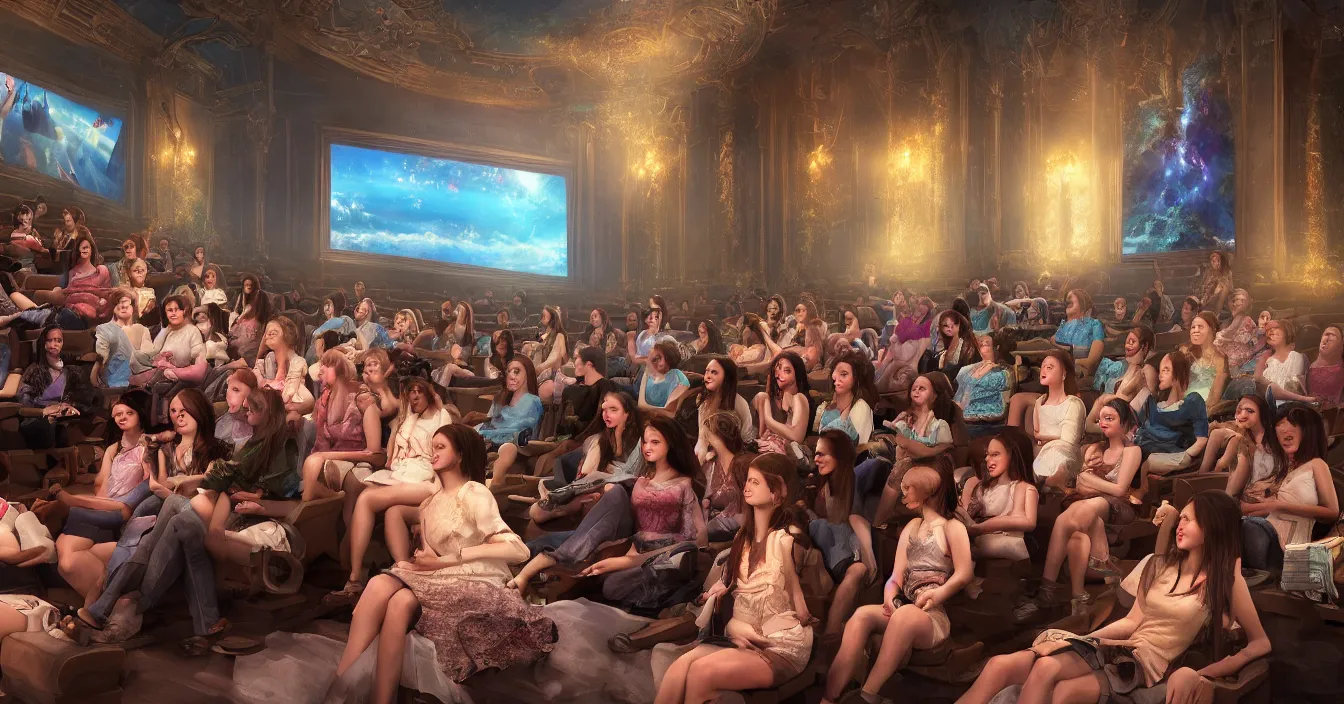 Prompt: girls sit in the cinema and watch the illusions of their lives on the screens of life, which project the light of consciousness, realistic, deep sense of spirituality, contrast shading, unreal engine, vray, style of thomas kinkade,