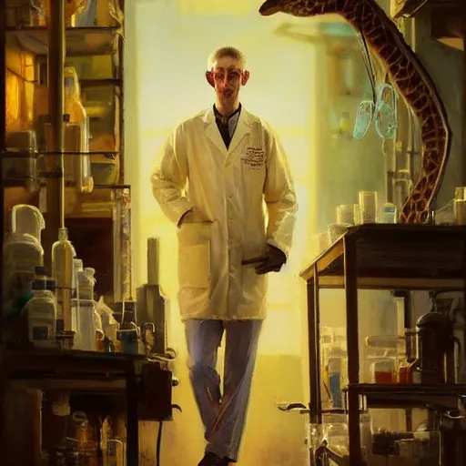 Prompt: portrait of a proud old giraffe doctor working in a chemical lab, artwork by gaston bussiere, craig mullins, trending on artstation, giraffe dressed as a scientist, using googles and wearing a doctor coat