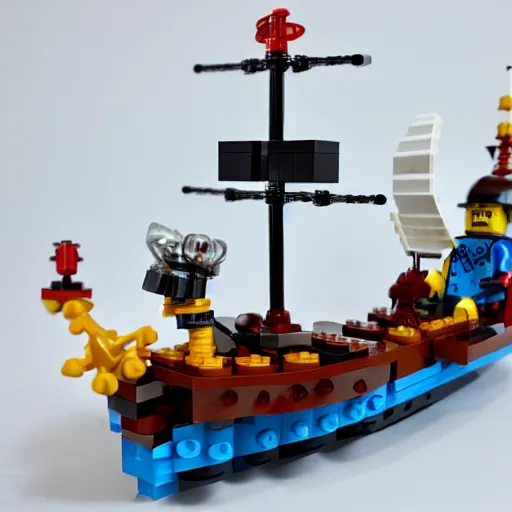 Image similar to lego scene of a pirate ship in space, photo realistic hd