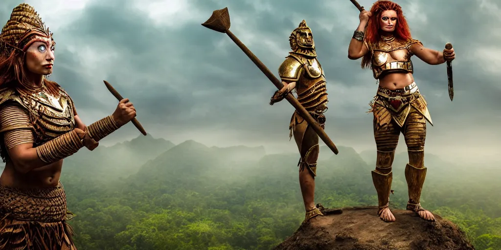 Image similar to armoured ginger dwaven woman wielding a hammer and shield, jungle clearing, awesome floating mountain in the shape of a human heart by Charlie White 4k realism distant landscape