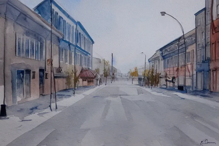 Image similar to a water color painting of a desolate lulea street by lars lerin