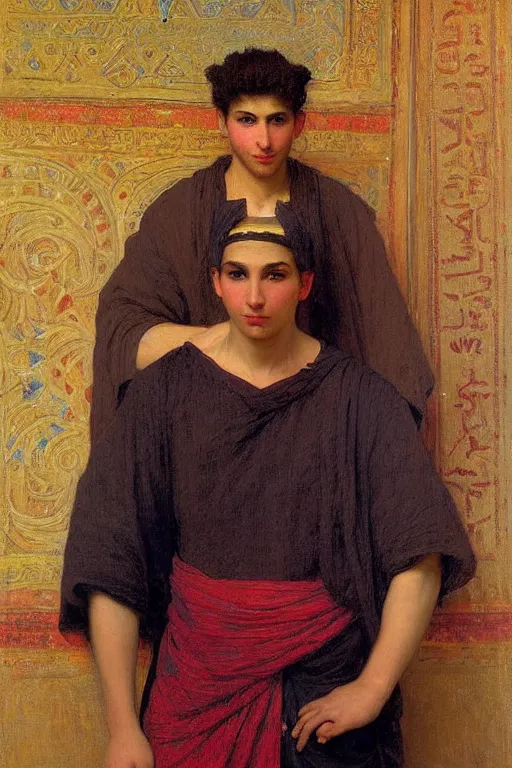 Image similar to Portrait of a young muscular jewish moroccan young man magician with an earring, orientalist, victor Nizovtsev, bouguereau