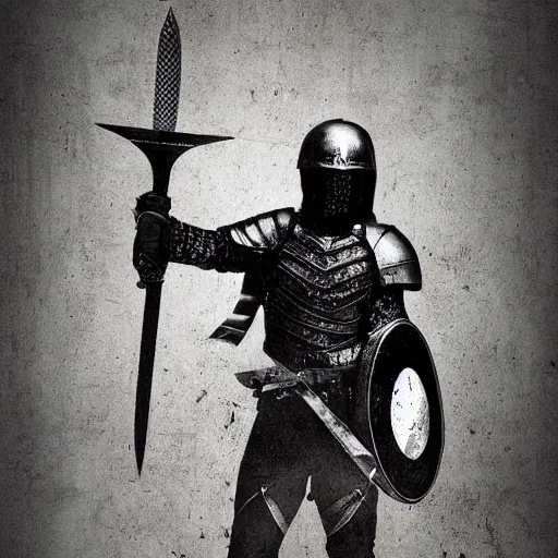 Prompt: a hero knight man stands with sword in hand and shield wielded, stencil, great lighting, epic, fantasy