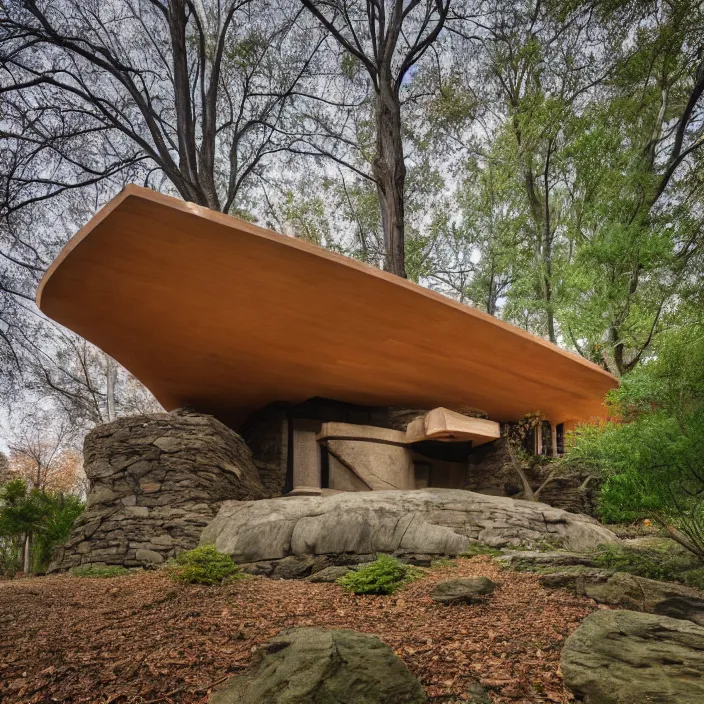 Image similar to a human face as a house by frank lloyd wright, eerie, lush trees, award winning photo, 8 k,