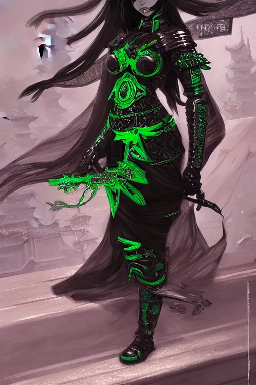 Prompt: portrait a Ninja gaiden girl, armored black and green ninja wardrobe, in ruin japanese rainny temple night, ssci-fi and fantasy, intricate and very very beautiful and elegant, highly detailed, digital painting, artstation, concept art, smooth and sharp focus, illustration, art by tian zi and WLOP and alphonse mucha