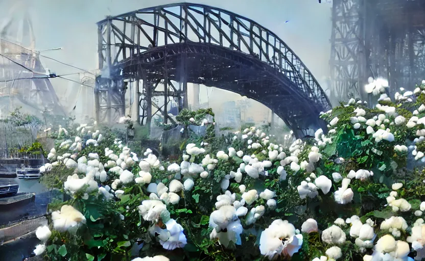 Image similar to explosions in the form of realistic white cotton plants on harbour bridge, huge white cotton plants everywhere on the destroyed harbour bridge, smooth, sharp focus, highly detailed, 3 d octane render, epic lighting, crazy atmosphere, lots of cotton plants, 8 k, by goro fujita