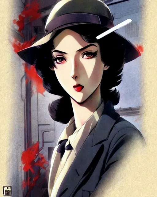 Image similar to portrait Anime 1940s Detective smoking Sharp fine face pretty face, realistic shaded Perfect face, fine details. Anime. noir detective movie realistic shaded lighting by katsuhiro otomo ghost-in-the-shell, magali villeneuve, artgerm, rutkowski Jeremy Lipkin and Giuseppe Dangelico Pino and Michael Garmash and Rob Rey