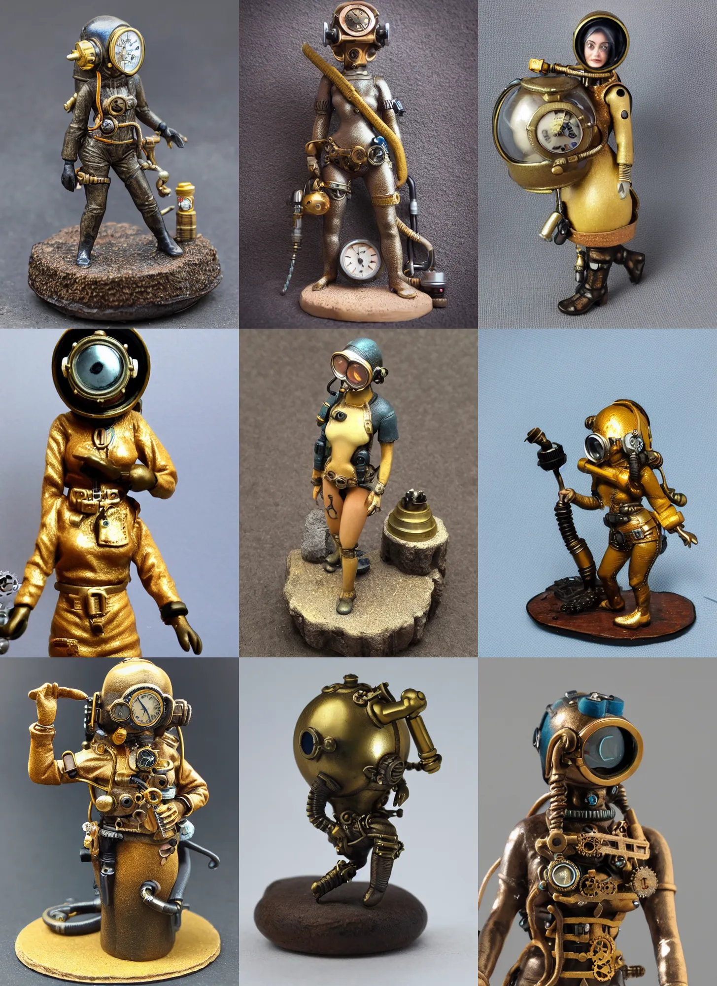 Prompt: 80mm resin detailed miniature of a Diver woman, steampunk diving helmet, stomach, navel, belly, boots, symbol, textured base; Miniature Product Photos, 4K, view from front