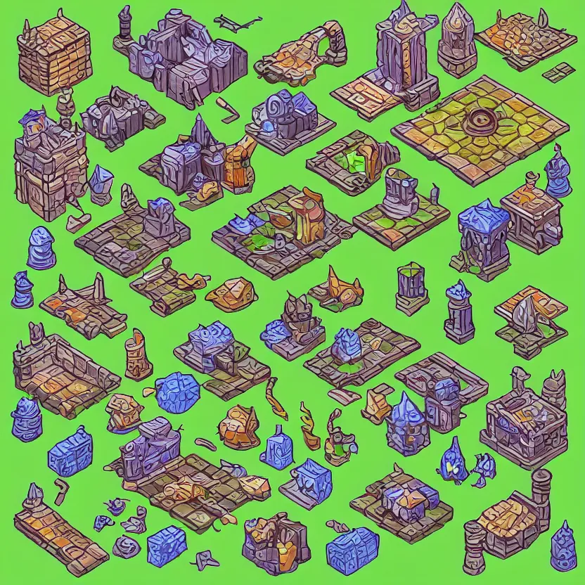 Image similar to set of isometric game tiles, containing a wizard's tower and several resourcers, colored lineart