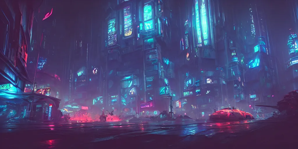 Image similar to photorealistic wide angle view of piltover underground cyberpunk city, league of legends arcane, highly detailed, digital matte painting, artstation, misty, dramatic lighting, octane render, artstation, 8 k, by federico pelat and liam wong and florian pasquier