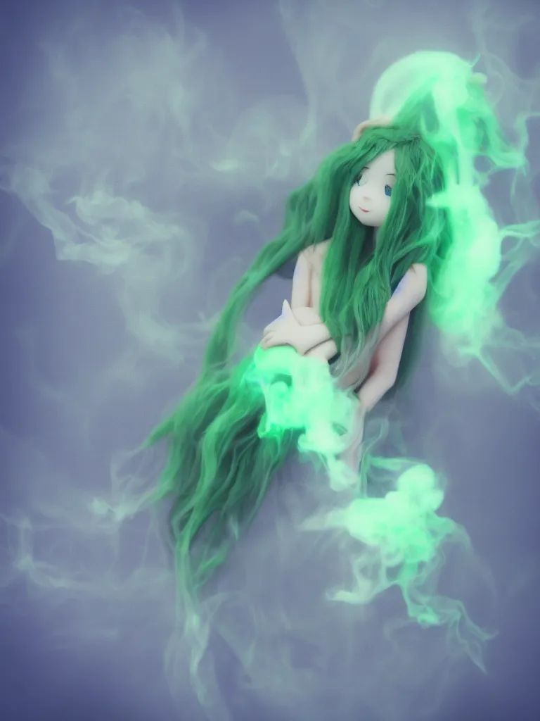 Image similar to cute fumo plush smiling ectoplasmic gothic macabre green jellyfish ghost girl, glowing milky wisps of hazy smoke and volumetric fog, lens flare, vignette, bokeh, refraction, vray