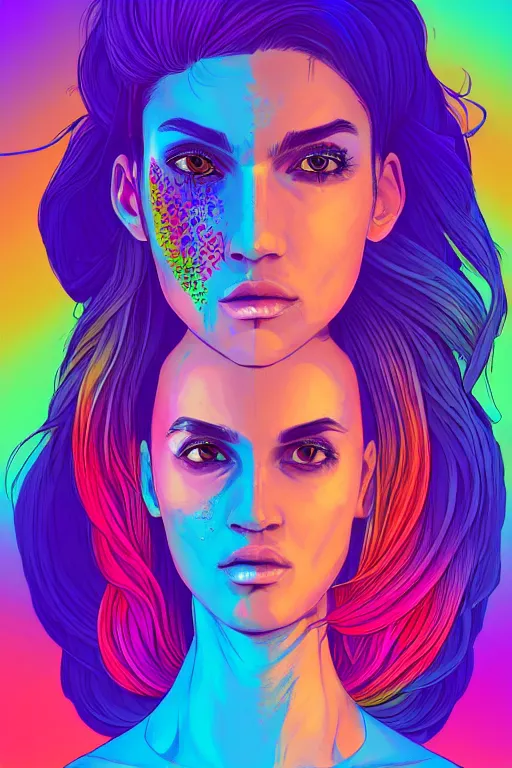 Image similar to a award winning half body portrait of a beautiful woman with stunning eyes in a printed croptop and cargo pants with rainbow colored ombre hairstyle head in motion and hair flying by josan gonzales, outrun, vaporware, shaded flat illustration, digital art, trending on artstation, highly detailed, fine detail, intricate