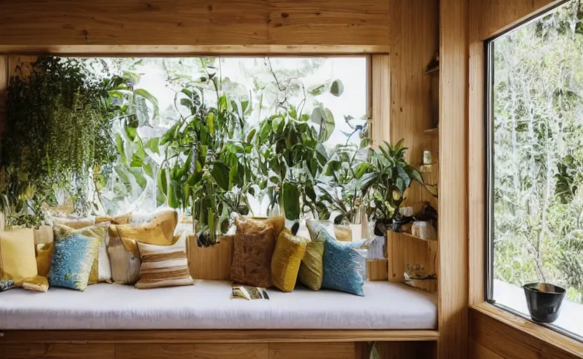 Image similar to interior design magazine photo of a big window with a wooden frame to sit on, some sandy yellow pillows, there are some books on a small integrated shelf, hanging plants, great architecture, ambient light, 8k