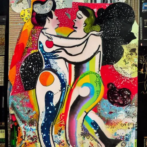 Prompt: two voluptuous curvy women kissing at a carnival, mixed media collage, retro, paper collage, magazine collage, acrylic paint splatters, bauhaus, abstract claymation, layered paper art, sapphic visual poetry expressing the utmost of desires by jackson pollock