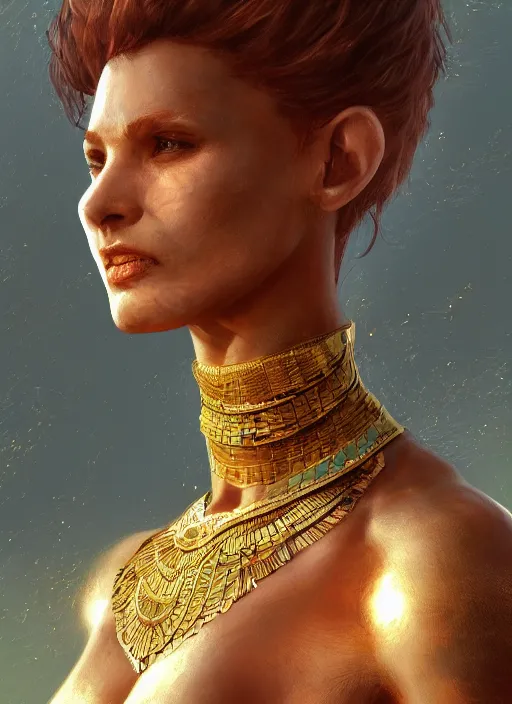 Image similar to the personification of the country egypt, au naturel, hyper detailed, digital art, trending in artstation, cinematic lighting, studio quality, smooth render, fluorescent skin, unreal engine 5 rendered, octane rendered, art style by klimt and nixeu and ian sprigger and wlop and krenz cushart