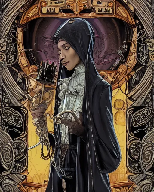 Image similar to a detailed portrait illustration of a steampunk wizard - nun. beautiful black female face, large chest. art nouveau, pop art, comic book style. influenced by neil gaiman, h. p. lovecraft, dan mumford, brian froud, vadim voitekhovitch, killian eng, ross tran.