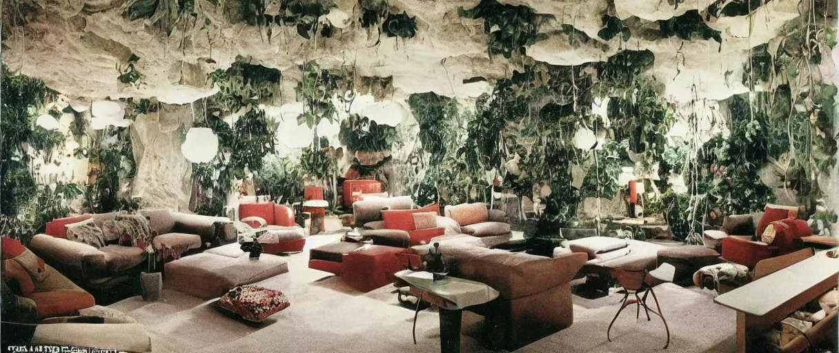 Prompt: 1970s interior design magazine photo of a living room built into a cave, with hanging plants and hanging lamps, and couches and chairs, grainy, sunfaded, the walls are made of rock