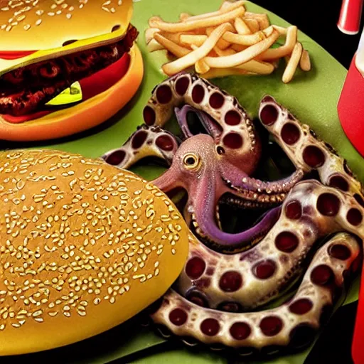 Image similar to octopus made of steel eating fastfood, 5 5 mm