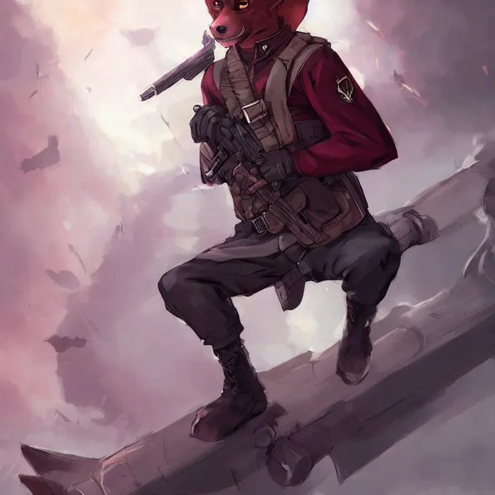 Prompt: beautiful portrait commission of a male furry anthro!!! bat shark wearing military clothes and a maroon beret. Active Warzone with explosions Atmospheric. Character design by charlie bowater, ross tran, artgerm, and makoto shinkai, detailed, inked, western comic book art