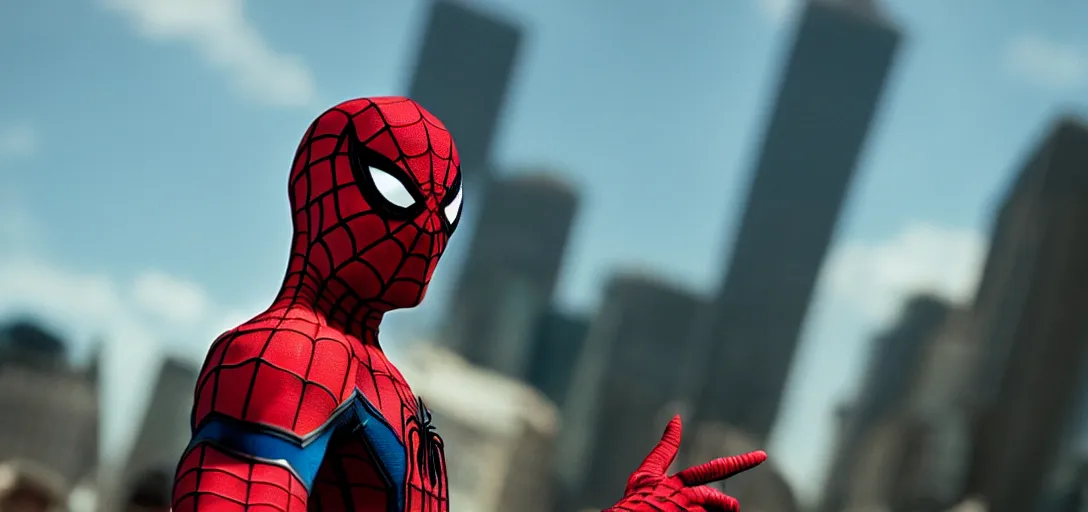 Image similar to Gigachad Spider-Man unmasked, film still, wide-shot, full shot, cinematic lens, heroic portrait