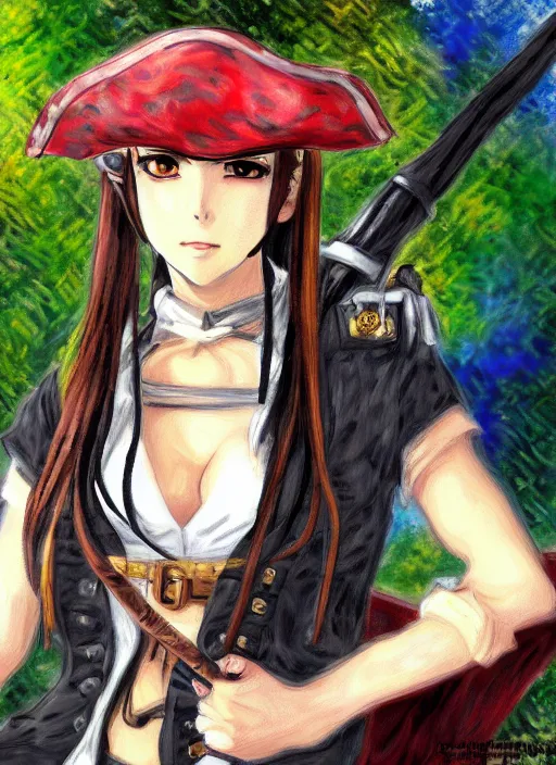 Image similar to a portrait of a female pirate, camouflage uniform, very anime in impressionist style, anime trending artwork, anime painter studio, by claude monet