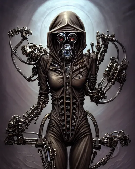 Image similar to front shot of a cyberpunk hooded dead biomechanical demon in gasmask mastermind character, intricate, elegant, highly detailed, centered, (((artstation, concept art, smooth, sharp focus, artgerm, Tomasz Alen Kopera, Peter Mohrbacher, donato giancola, Joseph Christian Leyendecker, WLOP, Boris Vallejo))), mugshot!!!!!, ugly!!!!!!, octane render, nvidia raytracing demo, grainy, muted